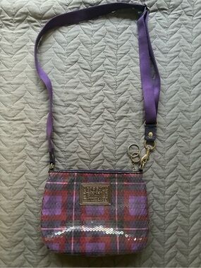 Coach Purple Plaid Crossbody with Sequins and Gold Plaque